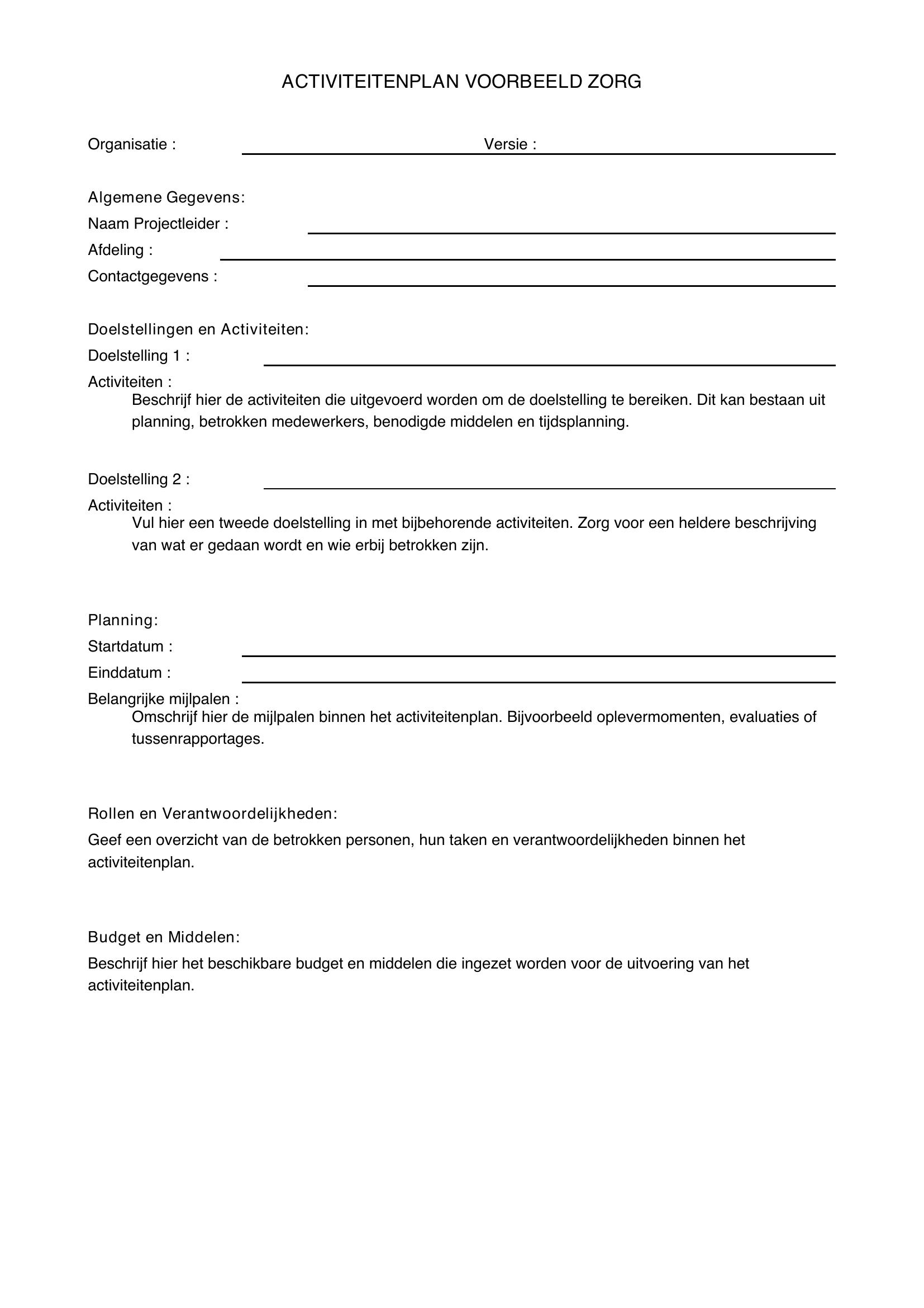 Activiteitenplan Voorbeeld Zorg