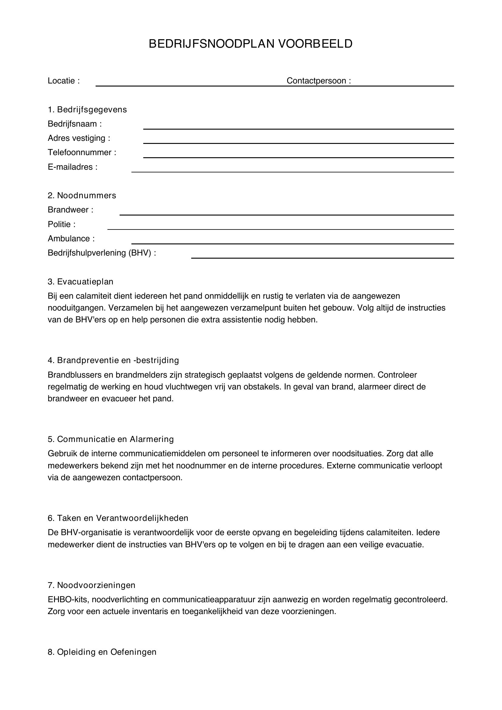 Bedrijfsnoodplan Voorbeeld