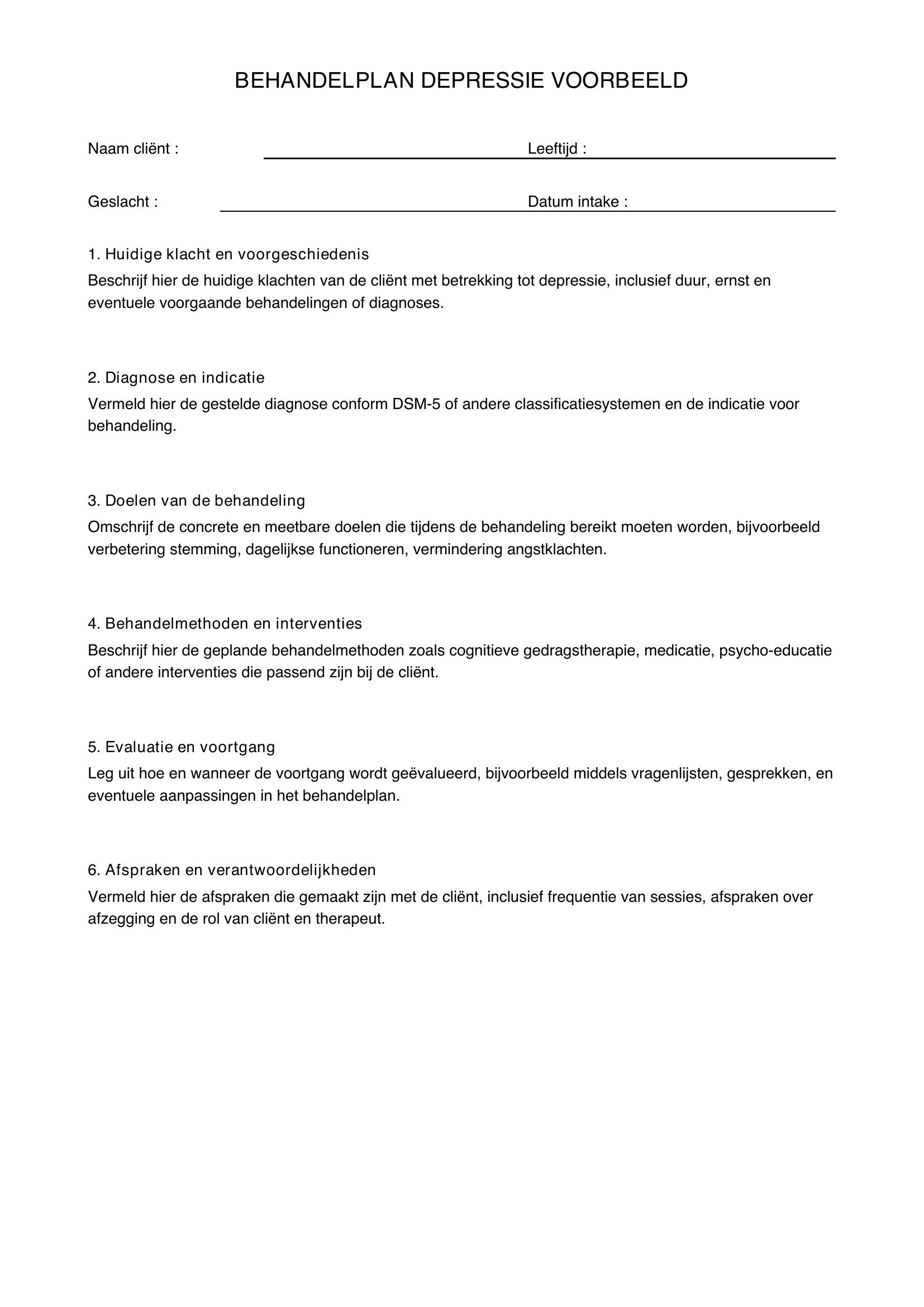 Behandelplan Depressie Voorbeeld