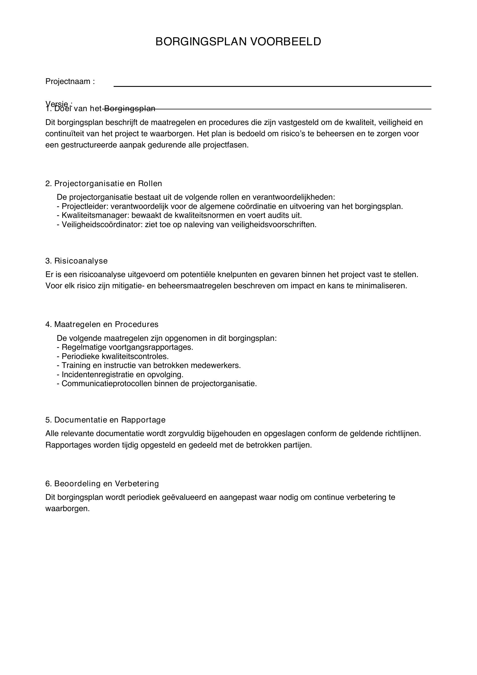 Borgingsplan Voorbeeld