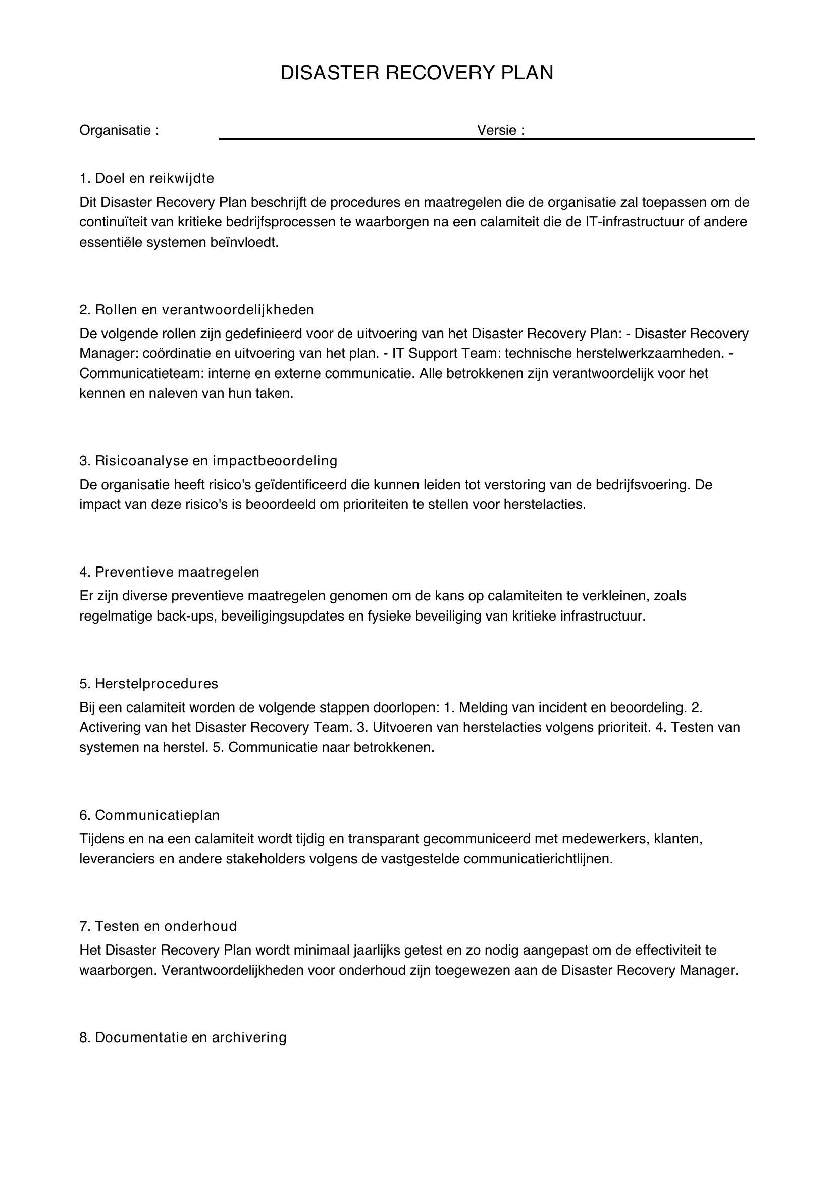 Disaster Recovery Plan Voorbeeld