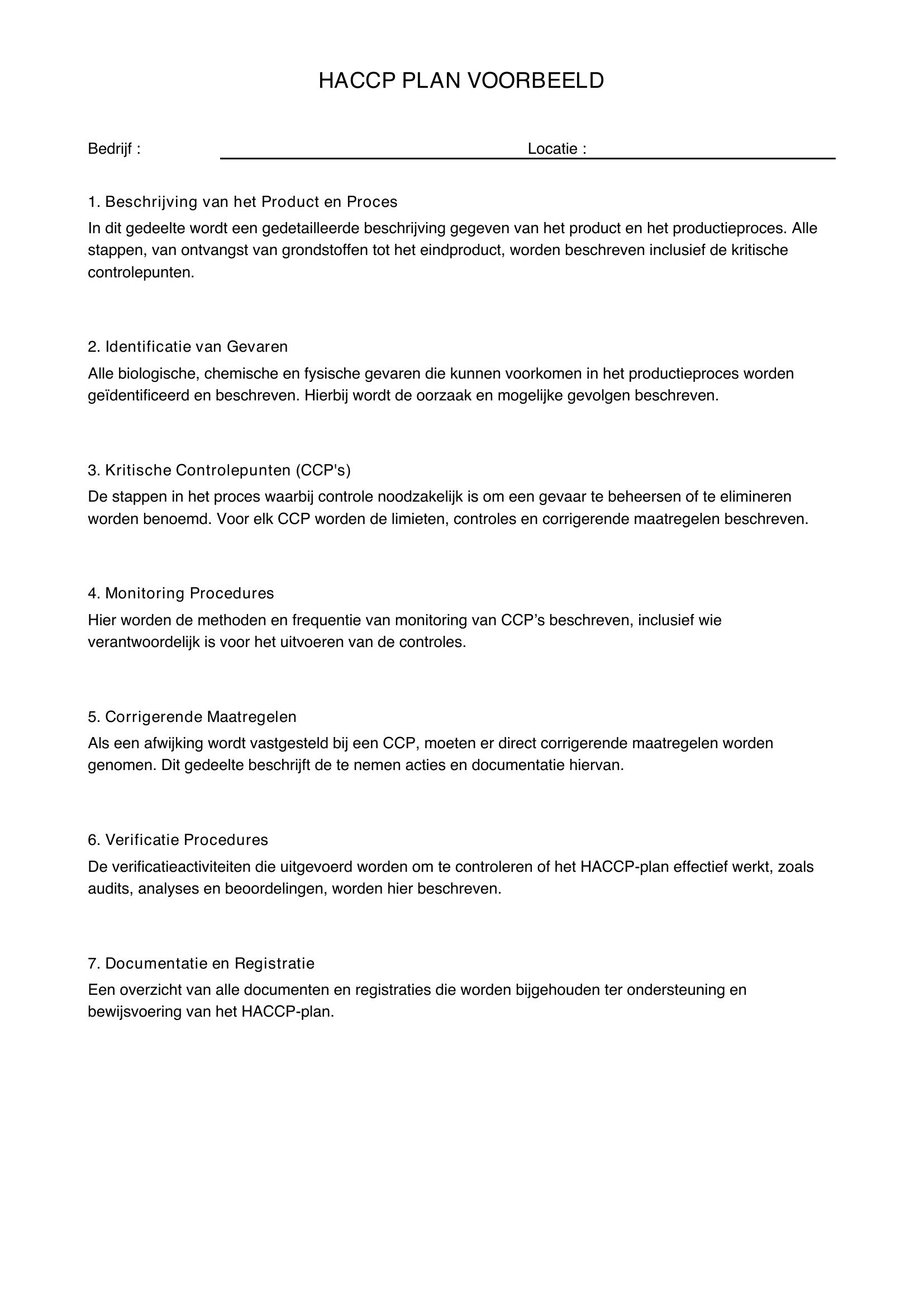 Haccp Plan Voorbeeld