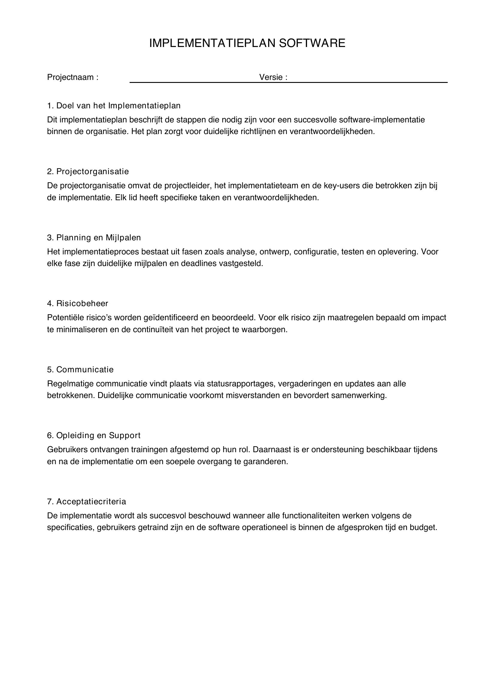 Implementatieplan Software Voorbeeld
