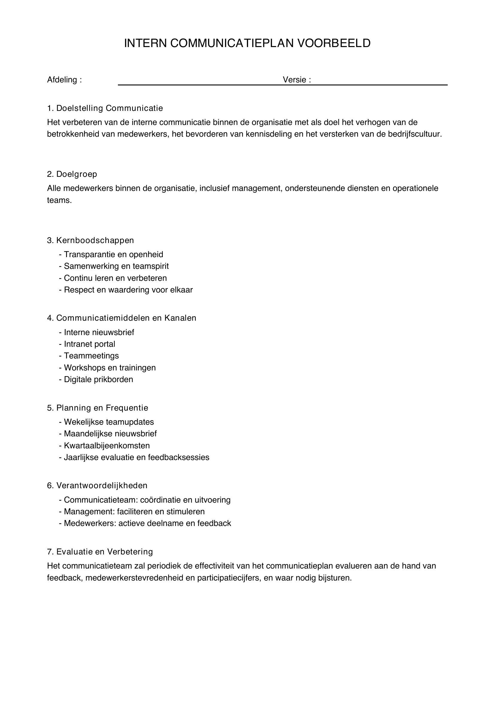 Intern Communicatieplan Voorbeeld