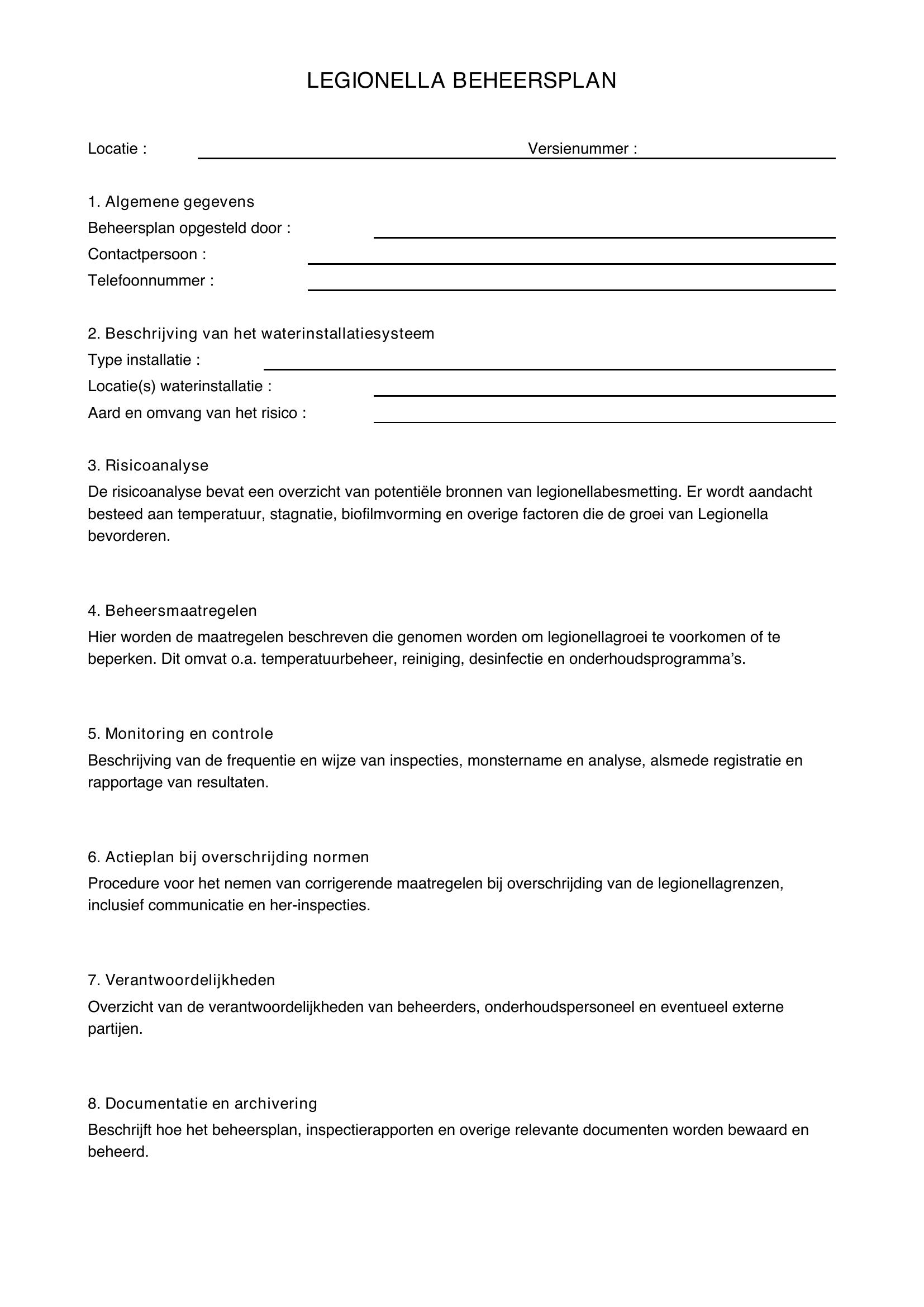 Legionella Beheersplan Voorbeeld