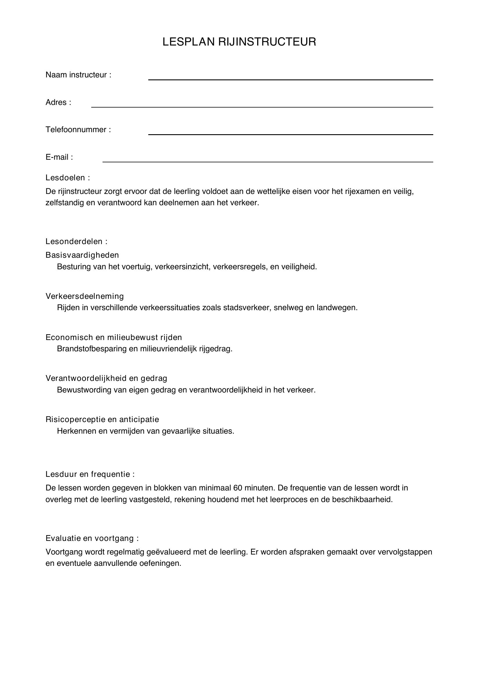 Lesplan Rijinstructeur Voorbeeld