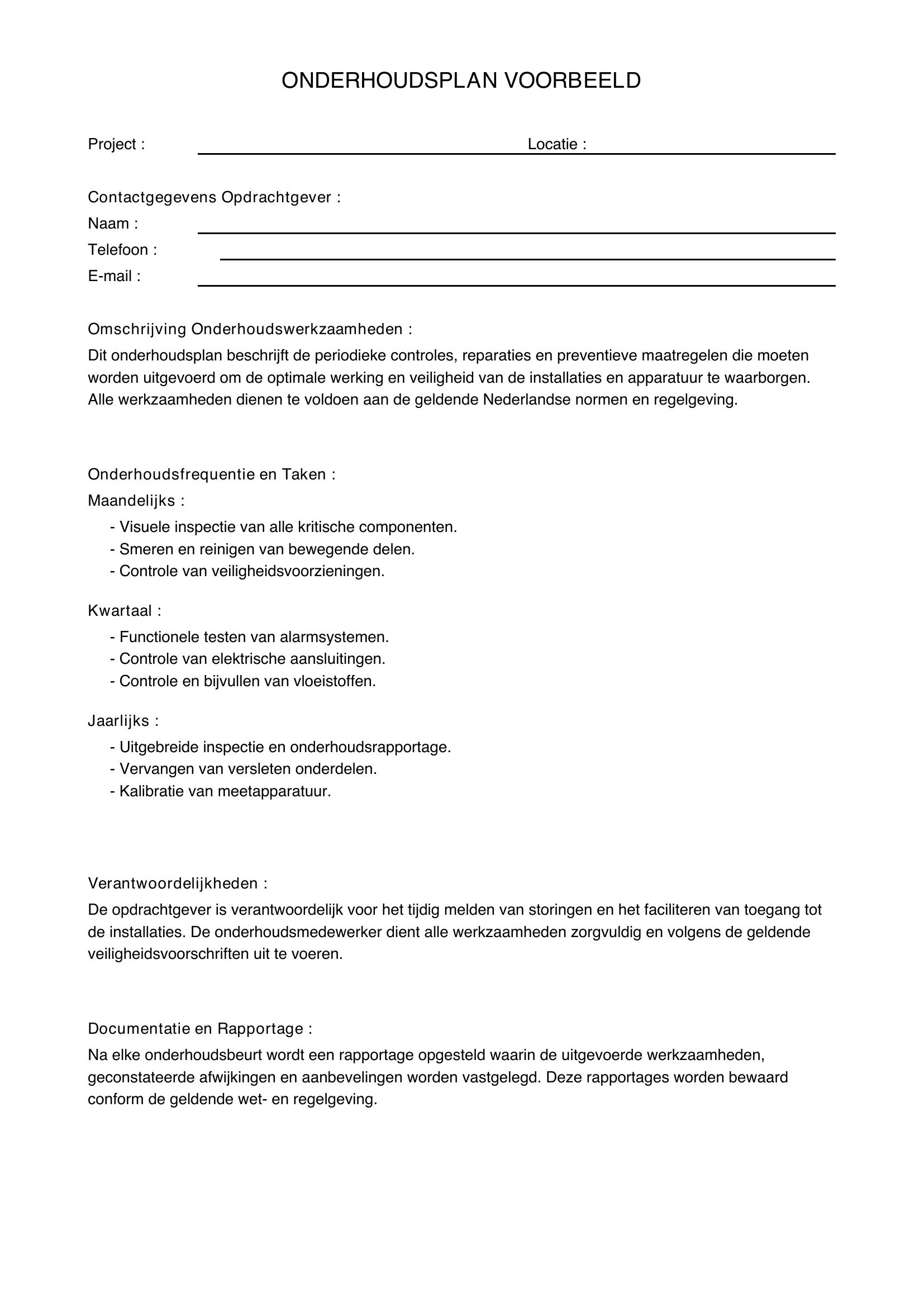 Onderhoudsplan Voorbeeld
