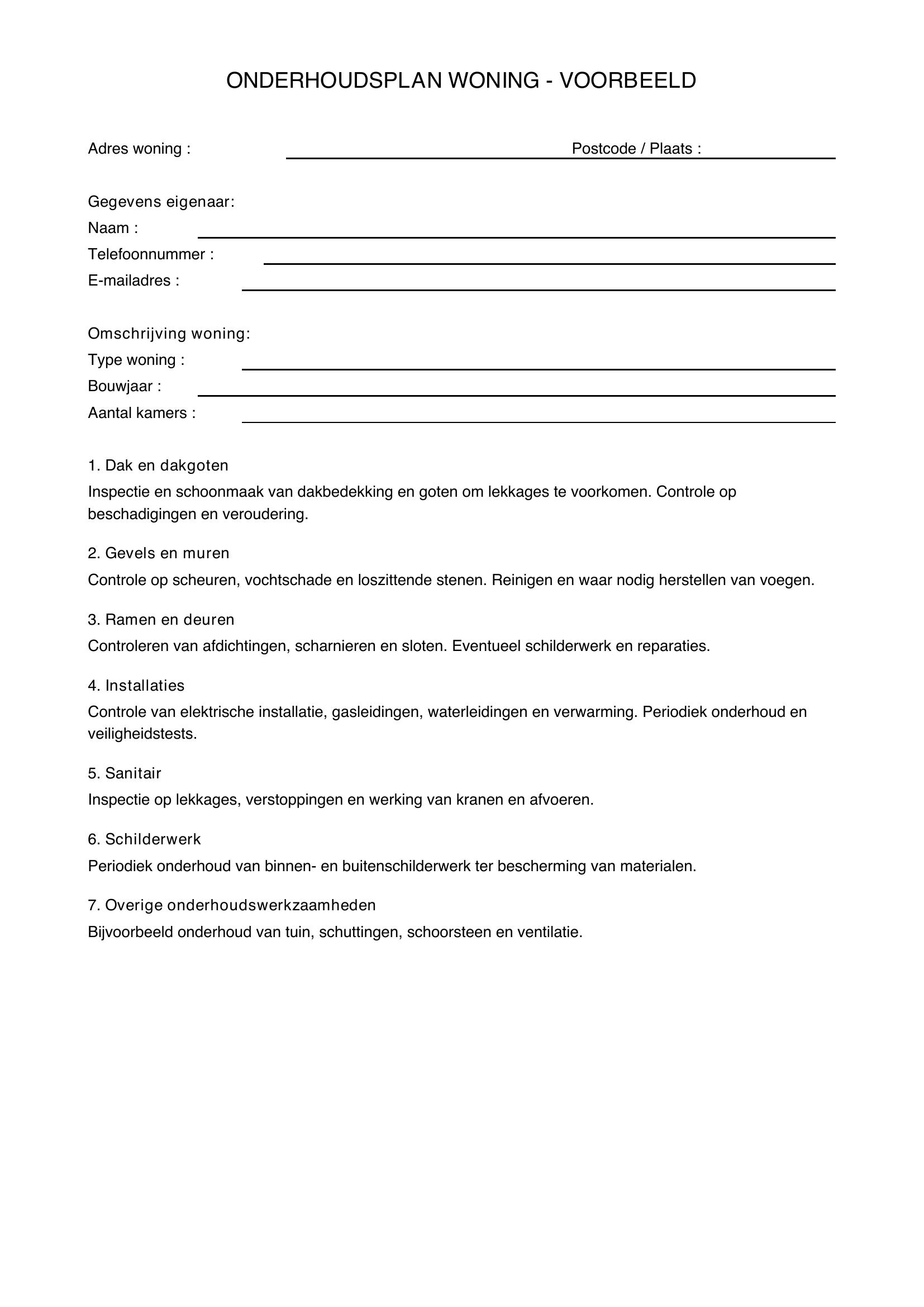 Onderhoudsplan Woning Voorbeeld