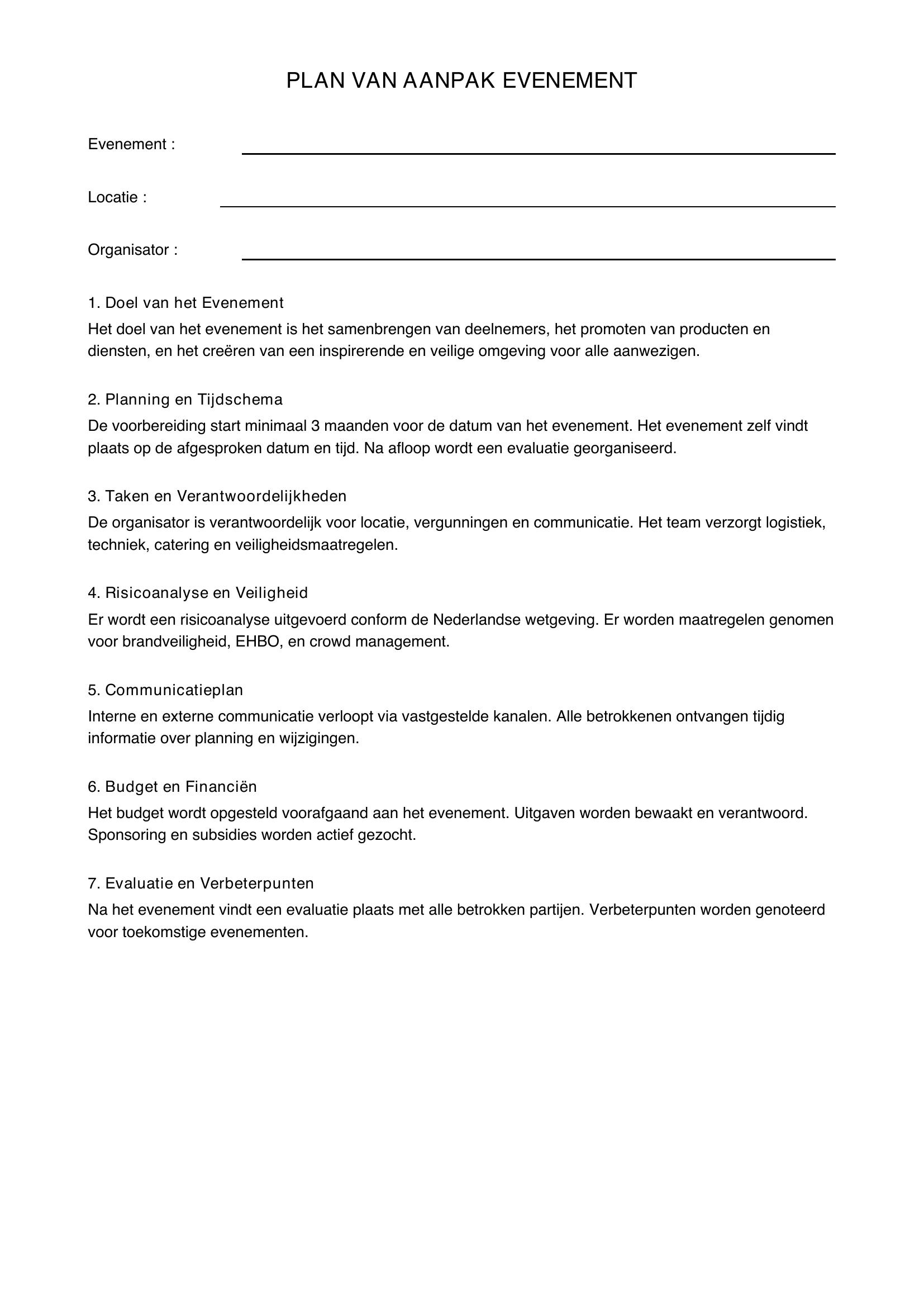 Plan Van Aanpak Evenement Voorbeeld