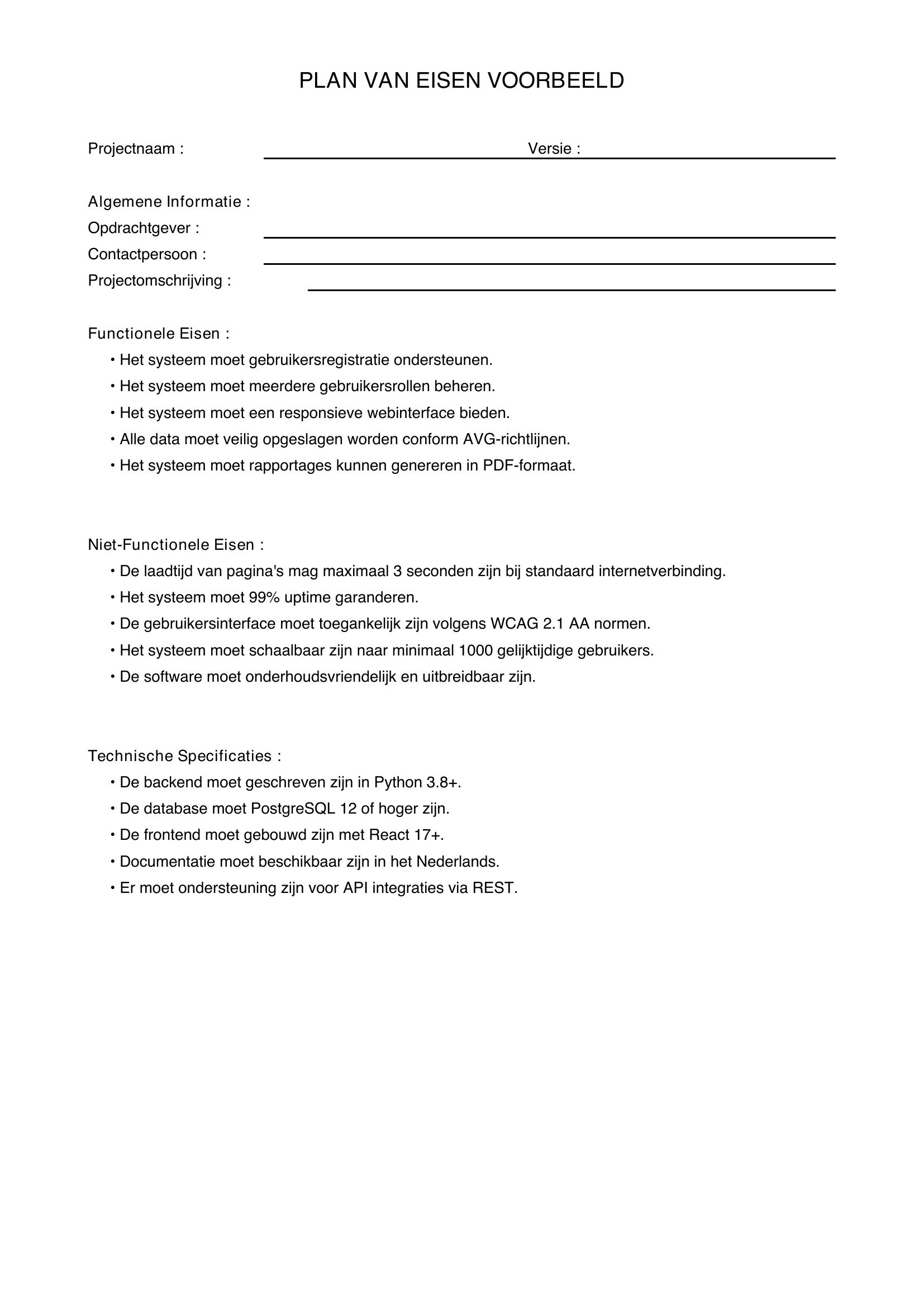 Plan Van Eisen Voorbeeld