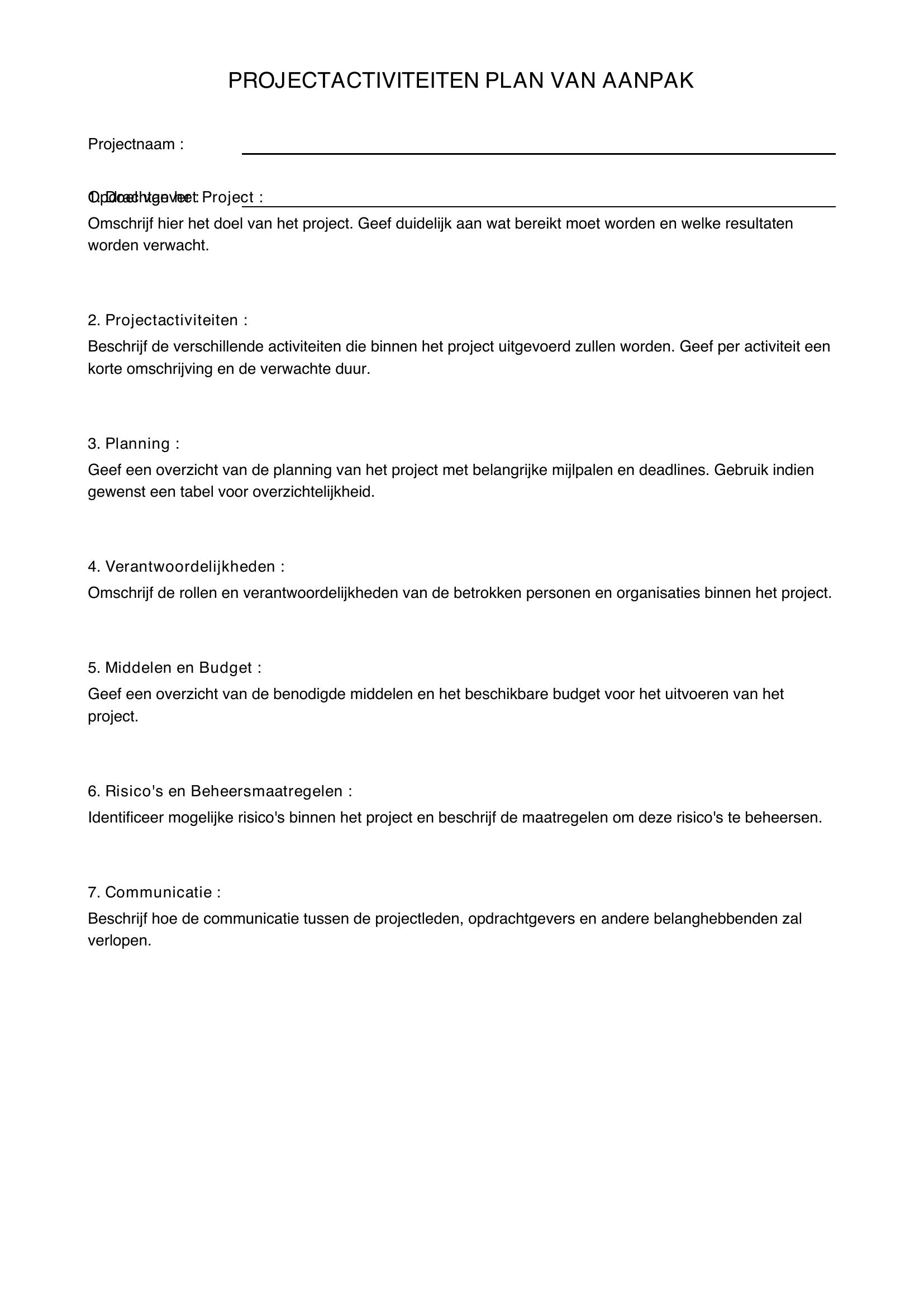 Projectactiviteiten Plan Van Aanpak