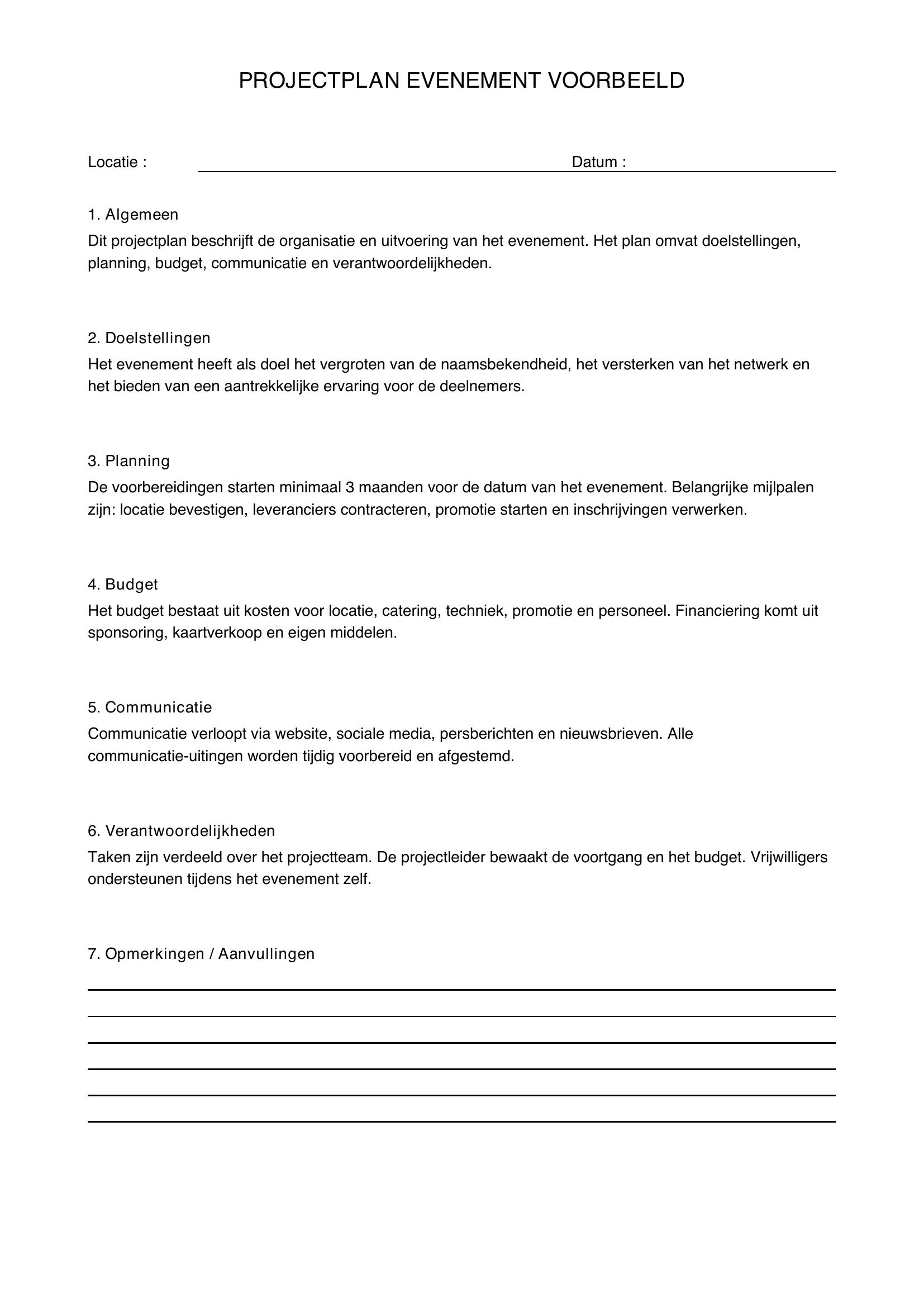 Projectplan Evenement Voorbeeld
