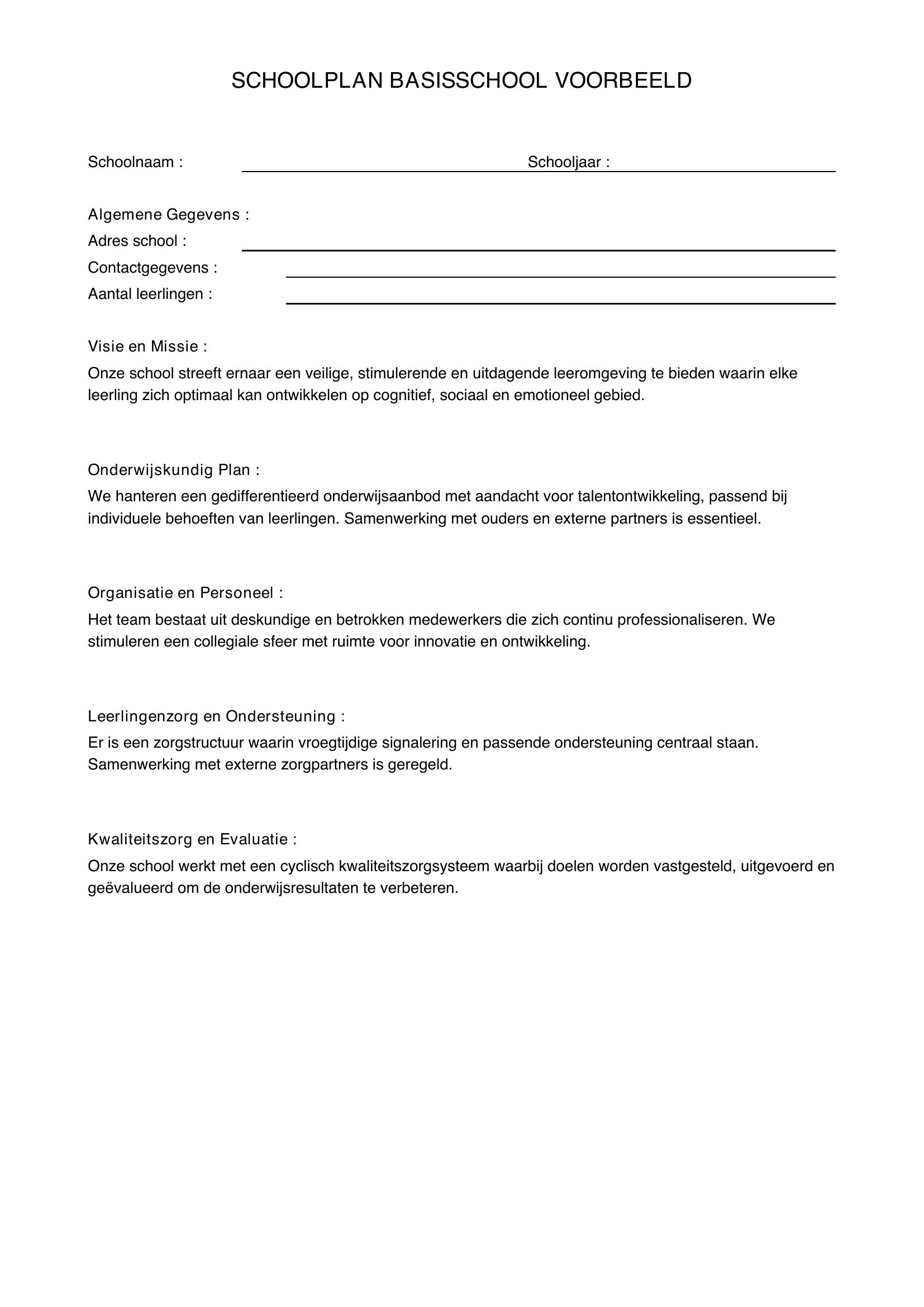 Schoolplan Basisschool Voorbeeld