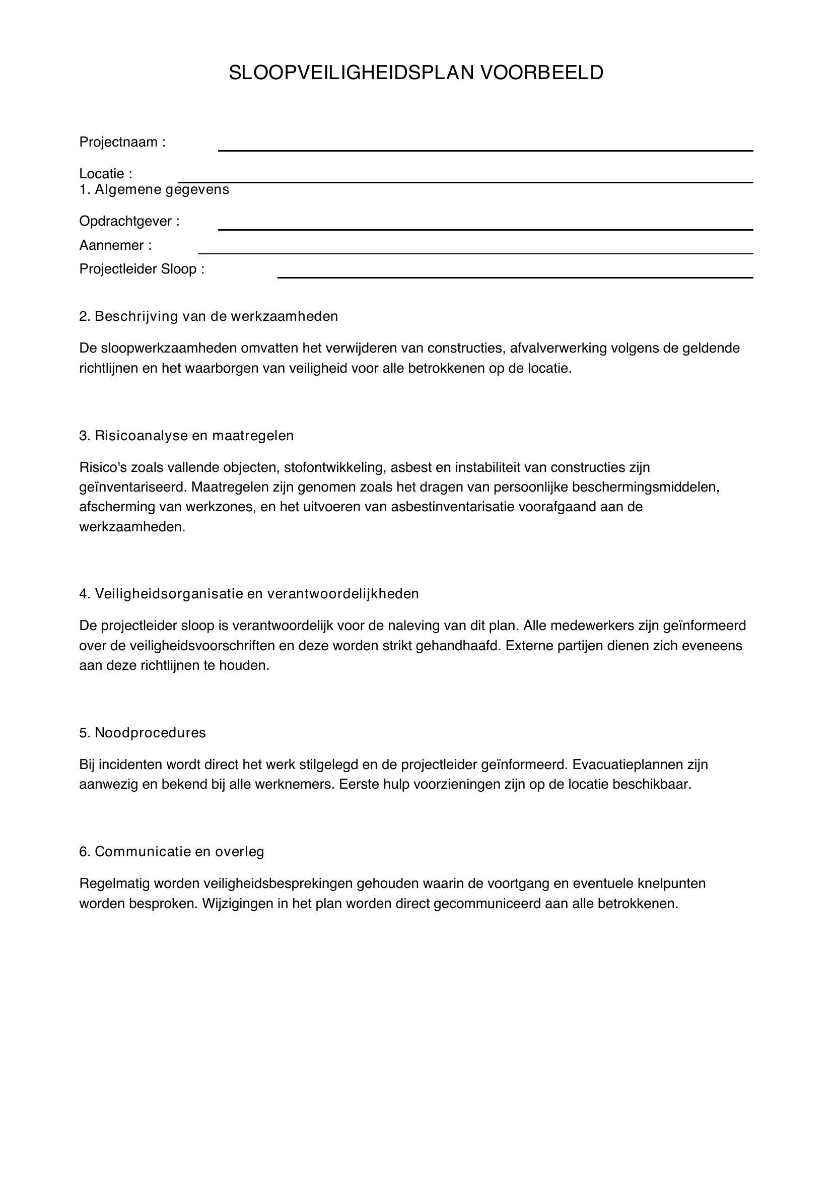 Sloopveiligheidsplan Voorbeeld