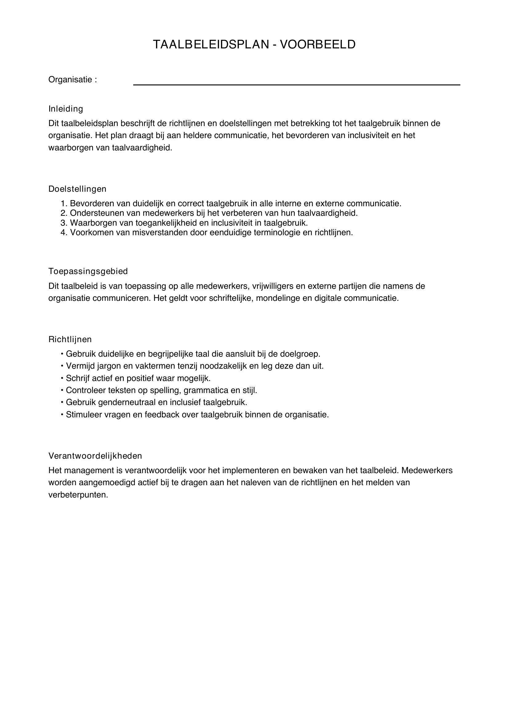 Taalbeleidsplan Voorbeeld