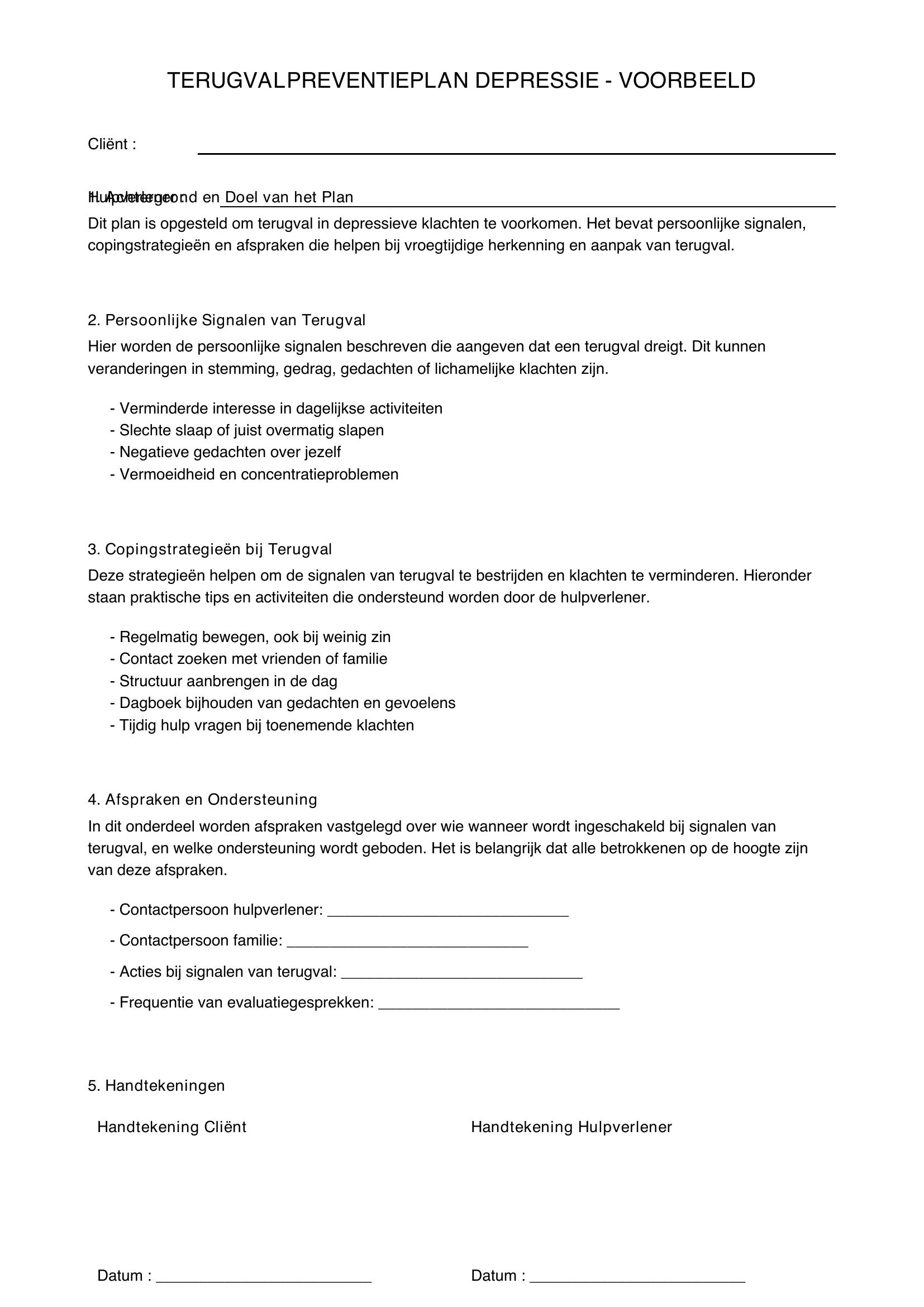 Terugvalpreventieplan Depressie Voorbeeld