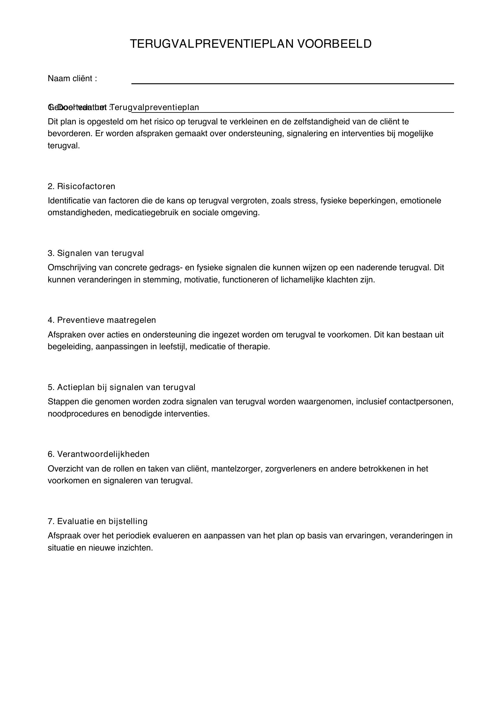Terugvalpreventieplan Voorbeeld