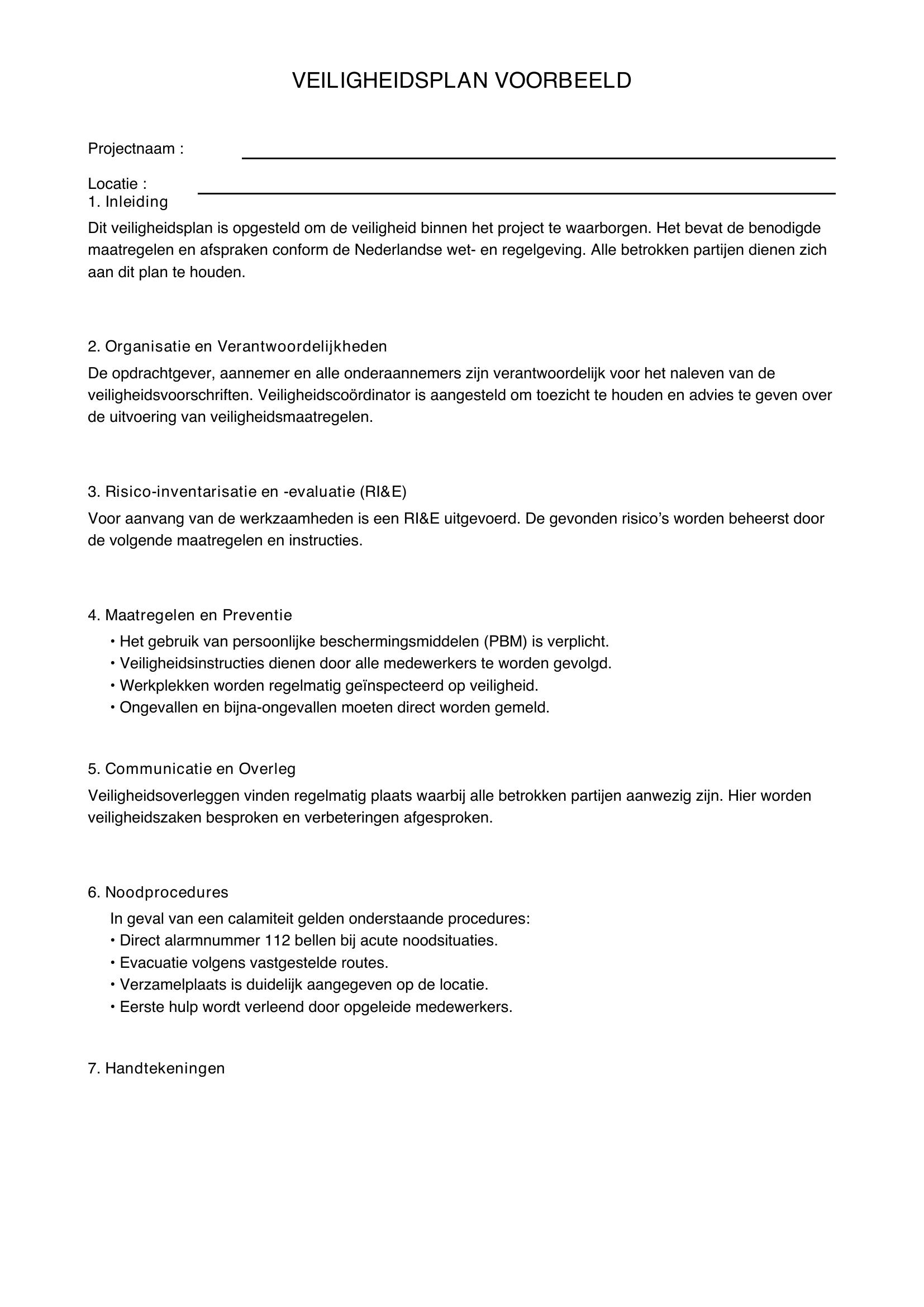 Veiligheidsplan Voorbeeld