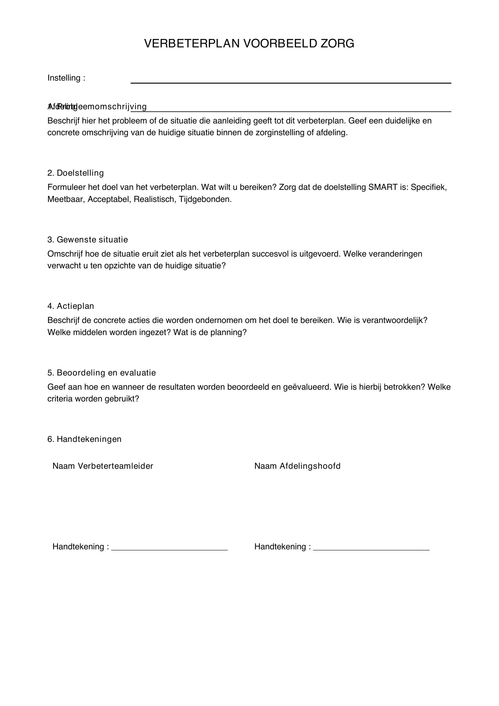 Verbeterplan Voorbeeld Zorg