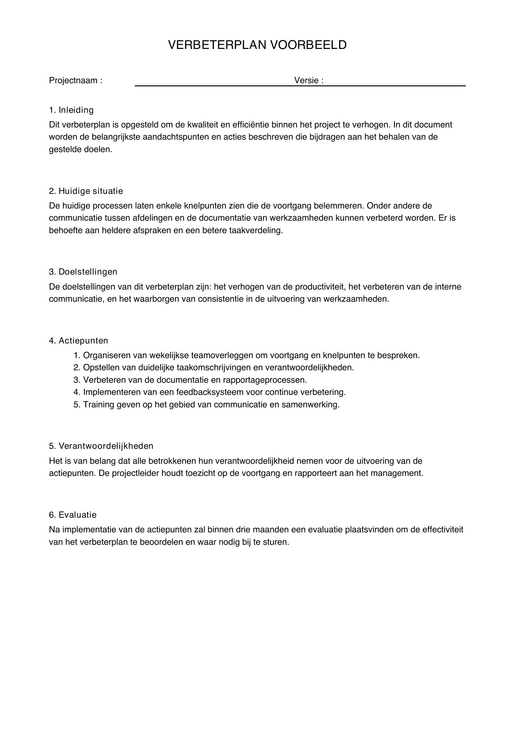 Verbeterplan Voorbeeld