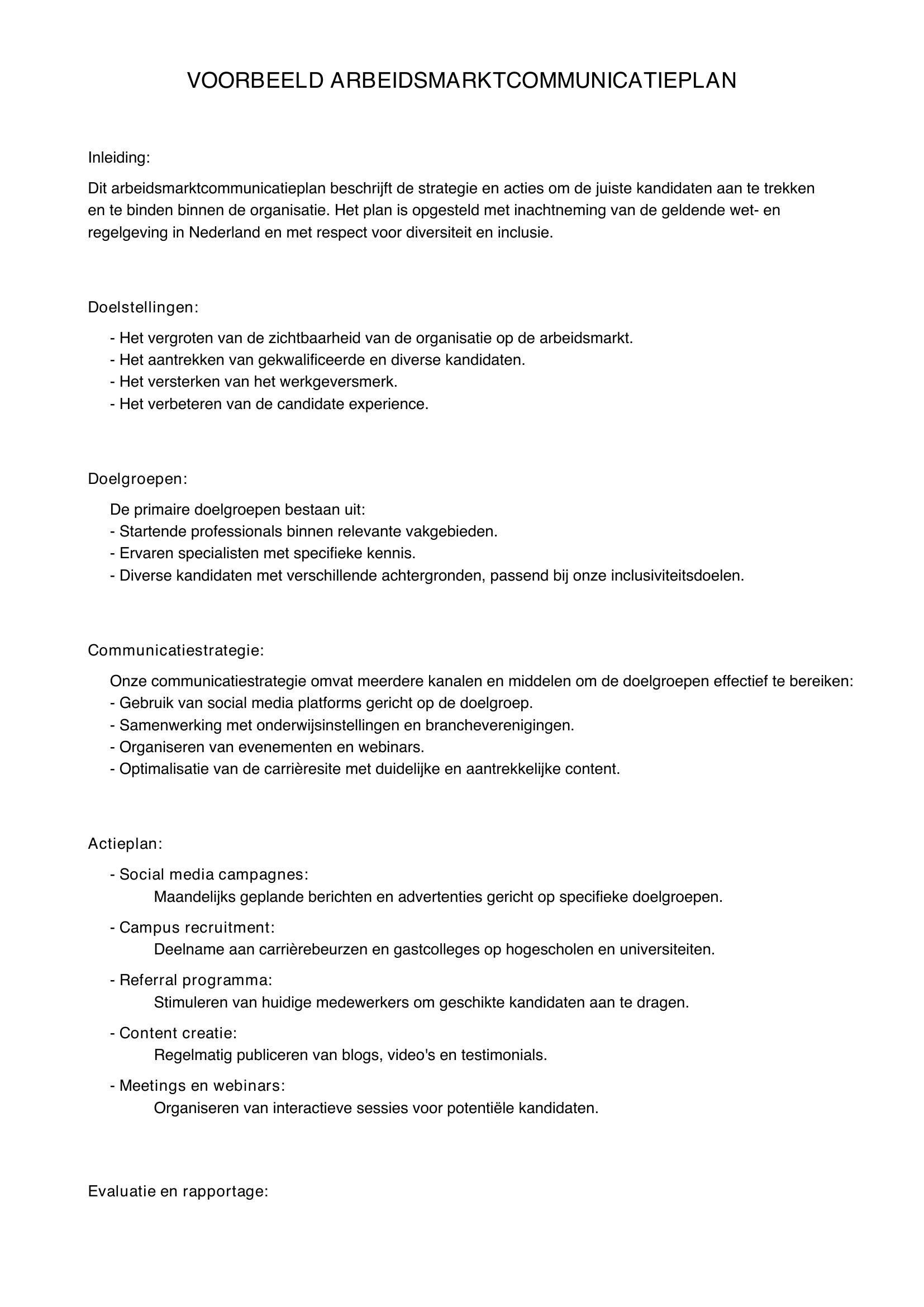 Voorbeeld Arbeidsmarktcommunicatieplan