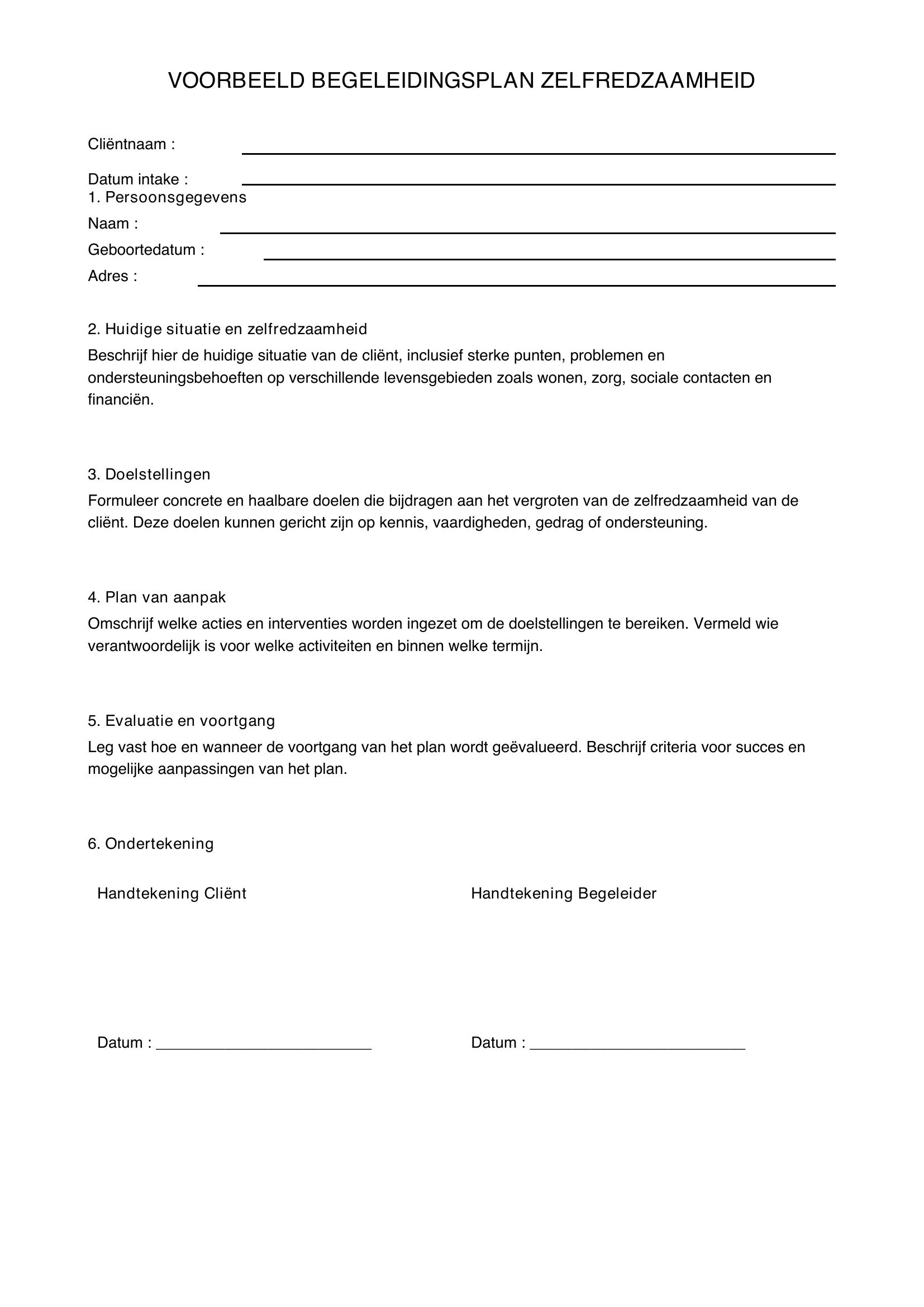Voorbeeld Begeleidingsplan Zelfredzaamheid