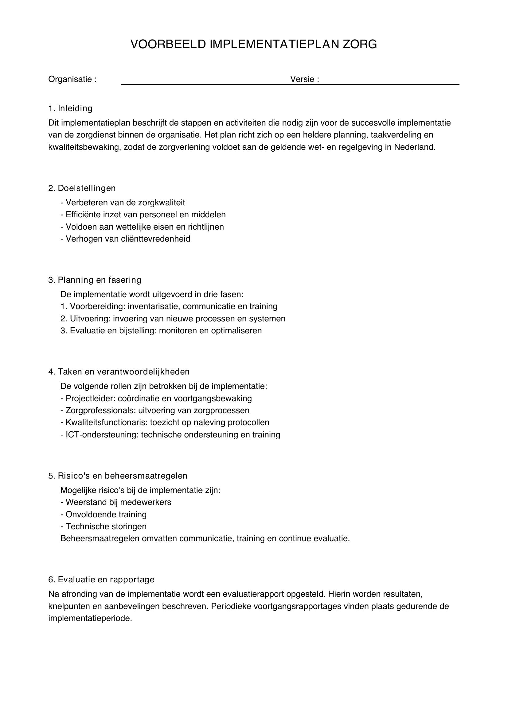 Voorbeeld Implementatieplan Zorg