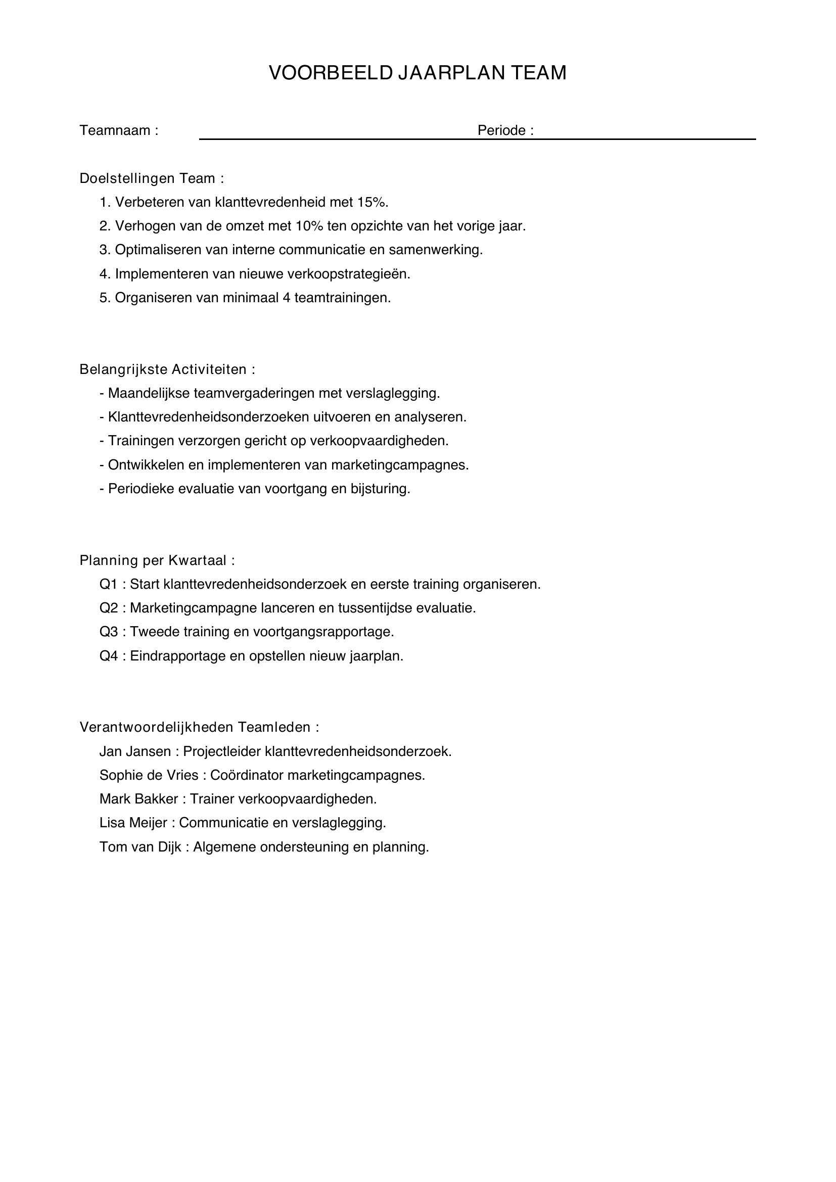 Voorbeeld Jaarplan Team