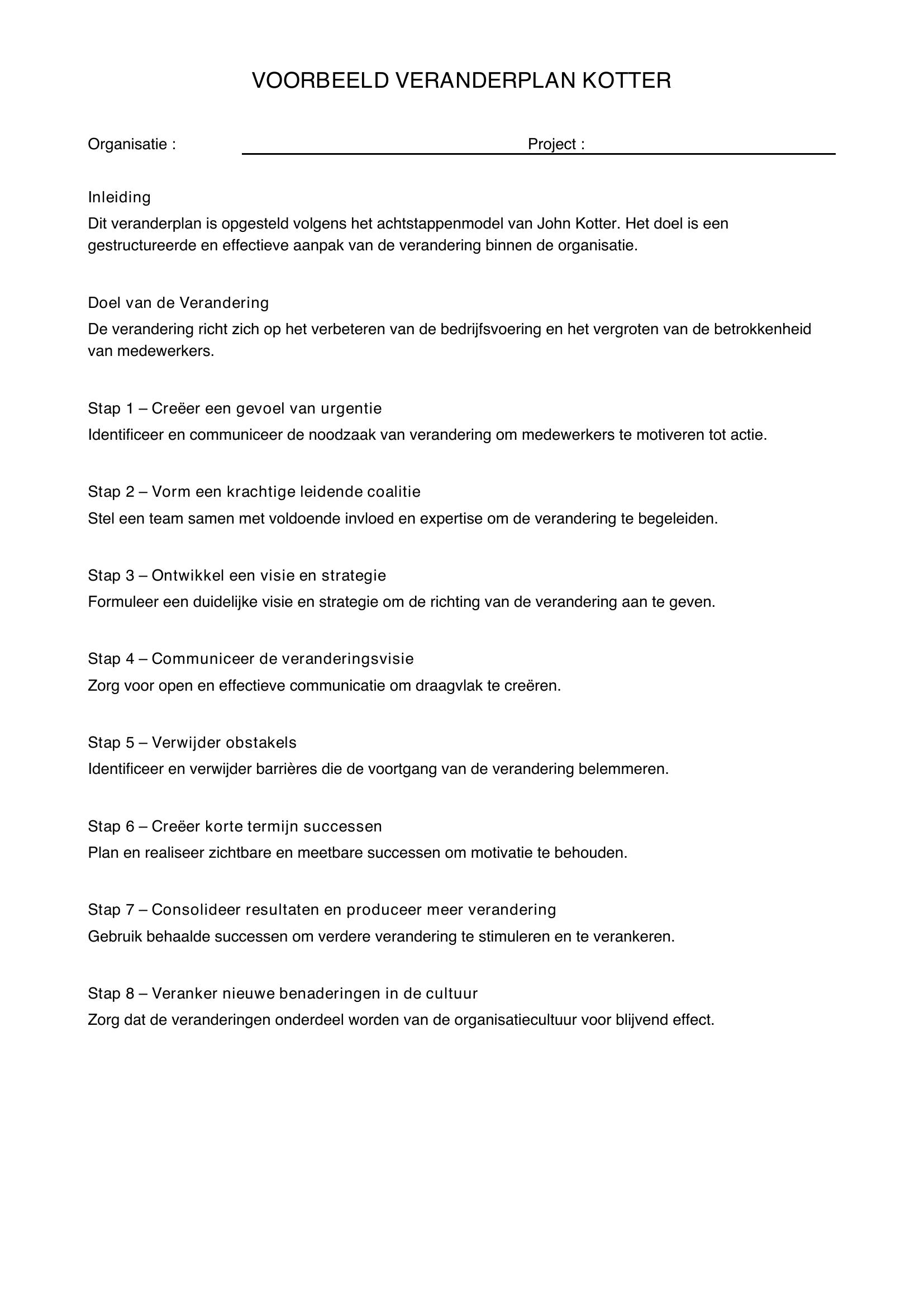 Voorbeeld Veranderplan Kotter