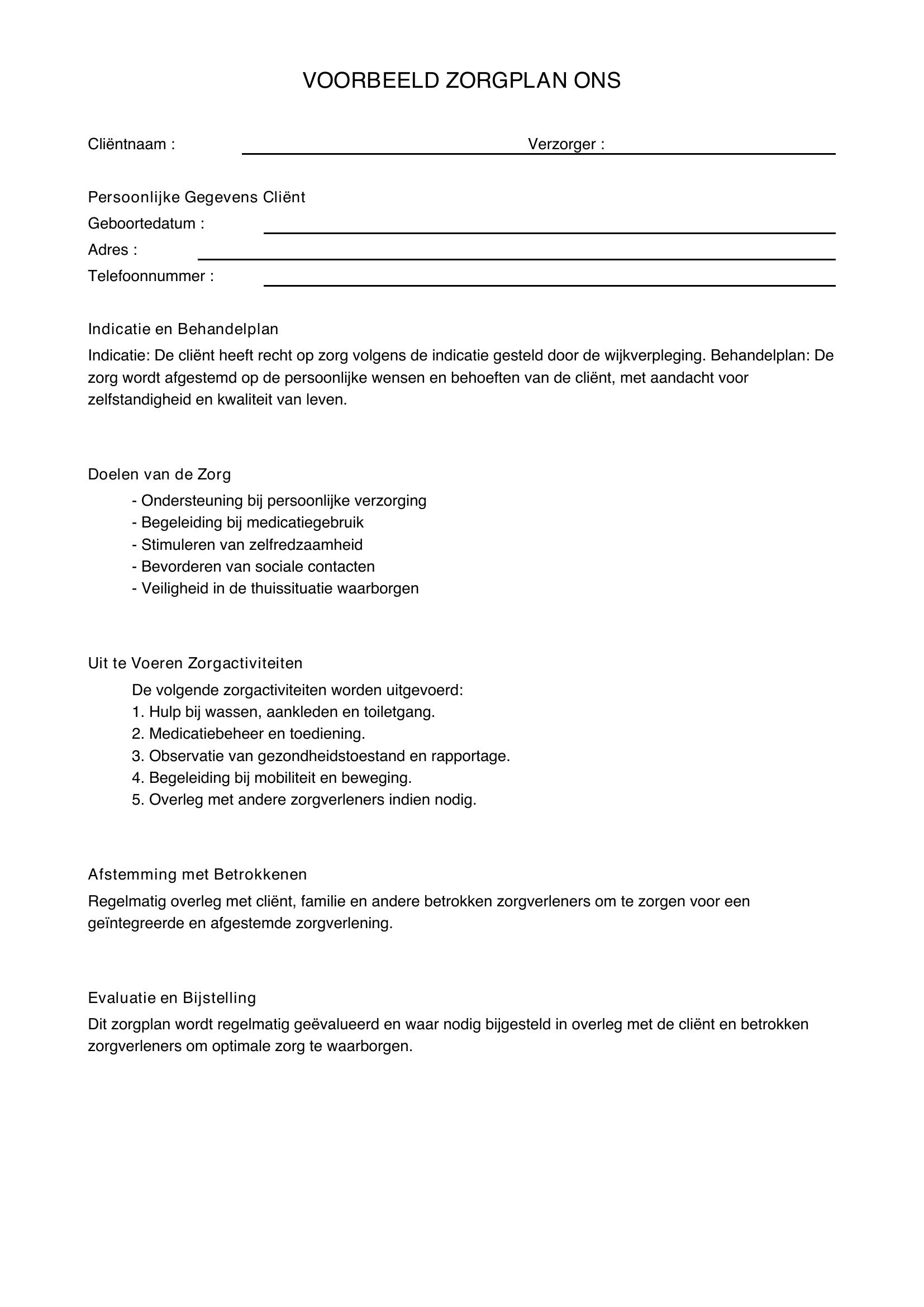 Voorbeeld Zorgplan Ons