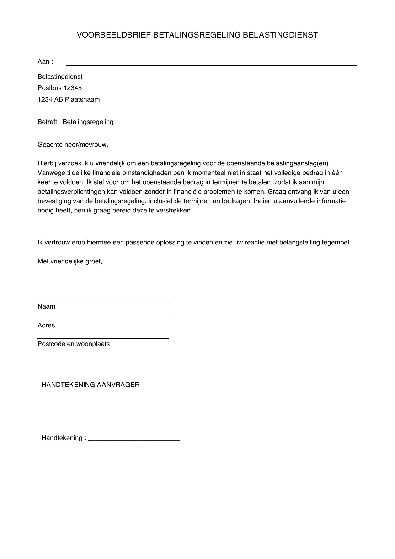 Voorbeeldbrief Betalingsregeling Belastingdienst