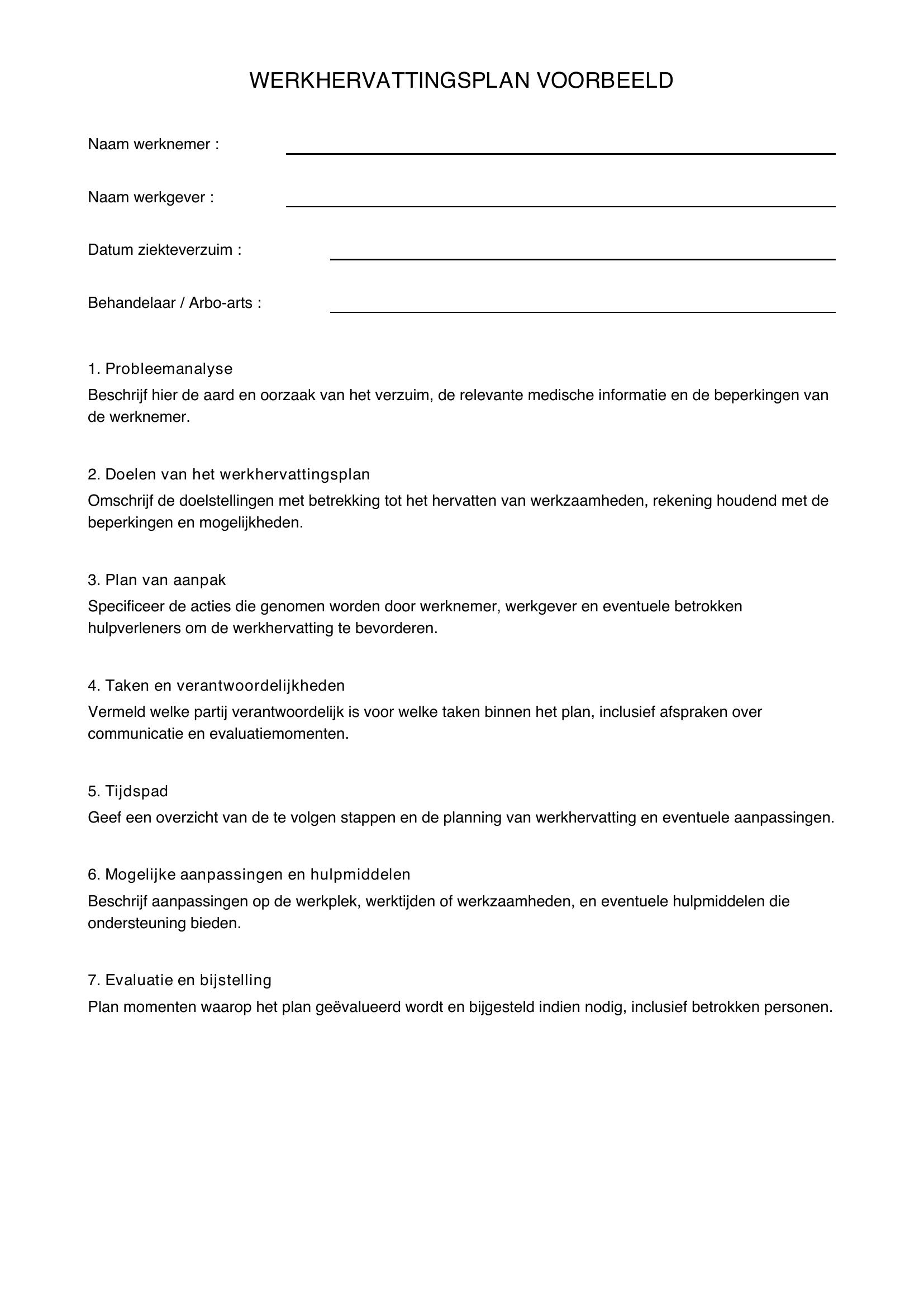 Werkhervattingsplan Voorbeeld